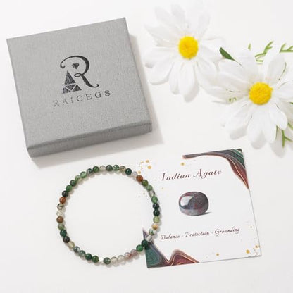 Raicegs 4 6 8MM Beaded Bracelets Healing Crystal Bracelet for Women Men Natural Stone Handmade Stretch Bracelet Reiki Spiritual Jewelry - color: Indian Agate, size: 4mm