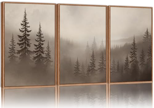 KYLESONLIE Misty Forest Framed Canvas Wall Art Set, Foggy Pine Tree Woodland Wall Decor, Calming Nature Zen Art Paintings, Minimalist Wood Landscape Artwork for Bedroom Living Room Office 16"x24"x3
