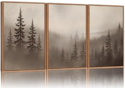 KYLESONLIE Misty Forest Framed Canvas Wall Art Set, Foggy Pine Tree Woodland Wall Decor, Calming Nature Zen Art Paintings, Minimalist Wood Landscape Artwork for Bedroom Living Room Office 16"x24"x3