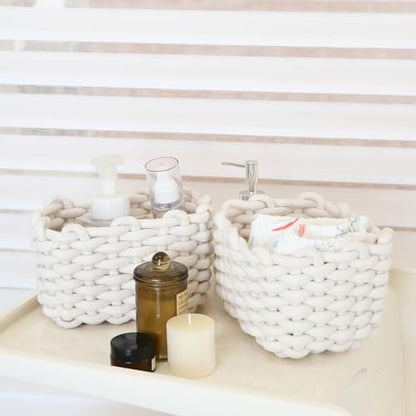 Sea Team 3-Pack Rectangle Woven Cotton Rope Storage Baskets with Handles, Shelf Basket, Closet Organizers, 3-in-1, White
