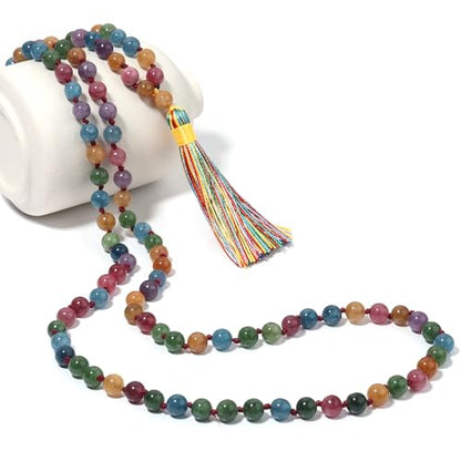 8MM Beads Chakra Long Mala Necklace Natural Stone Meditation Statement Necklace Japa Yoga Buddhist Rosary Prayer Charm Beaded Tassel Necklace - color: Tourmaline