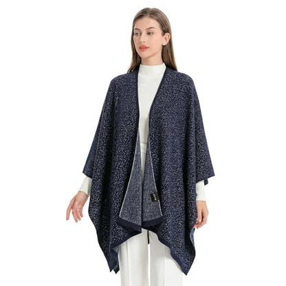 ZLYC Women's Shawl Golden Trim Knit Blanket Wrap Fringe Poncho Coat Cardigan - color: Solid Navy