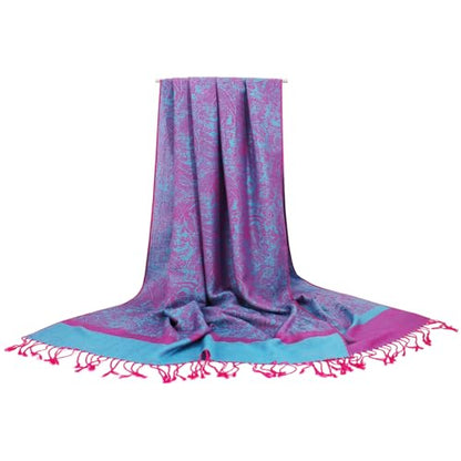 Silky Paisley Pashmina Shawl Scarf-Women's Soft Double-side Jacquard Pashminas Wrap for Evening Dress Travel Shawl - color: A-blue/Fuchsia