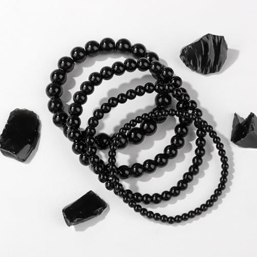 4pcs Beaded Bracelets for Women,Natural Healing Crystal Gemstones Bracelet,Anxiety Stress Relief Bracelet Handmade purple Jewelry Gifts for Women - color: Black Obsidia