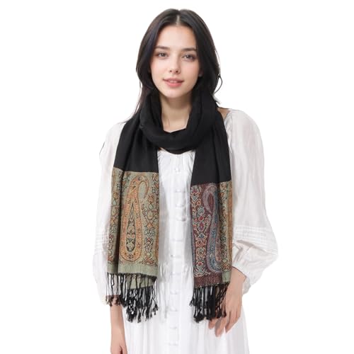 MUQU Women Pashmina Shawls and Wraps Scarf Soft Silky Reversible Paisley Scarves Shawl for Women - color: Black-b