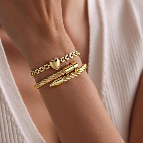 2PCS 18K Gold Plated Nail Bangle & Chain Bracelet Set for Women, Adjustable Stackable Bangle Jewelry, Dainty Gold Bracelet Gift for Women - color: Set O