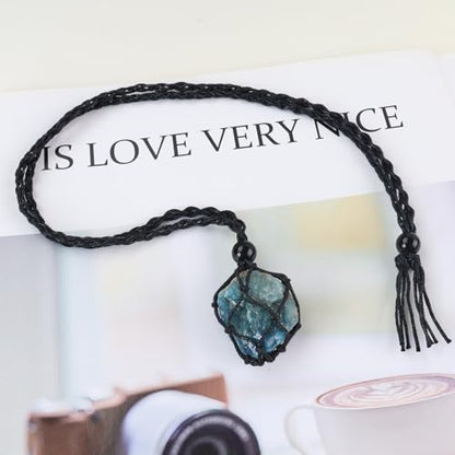 Natural unprocessed crystal raw stone hand woven rope adjustable necklace pendant for both men and women - color: A-Blue apatite