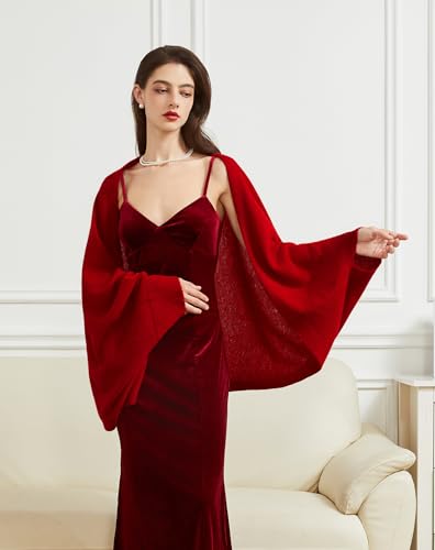 Huralona Women's Open Front Wool Shawl Wrap Scarf with Sleeves Outer Warm Knitted Poncho Cape Fall Winter - color: Dark Red