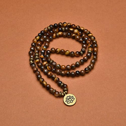 108 Healing Mala Beads Bracelet or Necklace with Gold Lotus Charm - style: Brown Tiger Eye