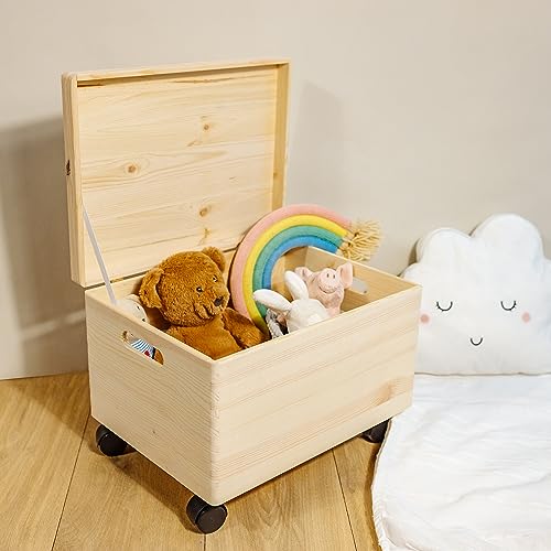 Creative Deco XXL Large Plain Wooden Box Storage with Hinged Lid & Wheels | 15.8x11.8x9.44 inches (+-0.5) | Handles | Unpainted Gift Tool Dog Toy Clothes Kitchen Storage | Rough UNSANDED