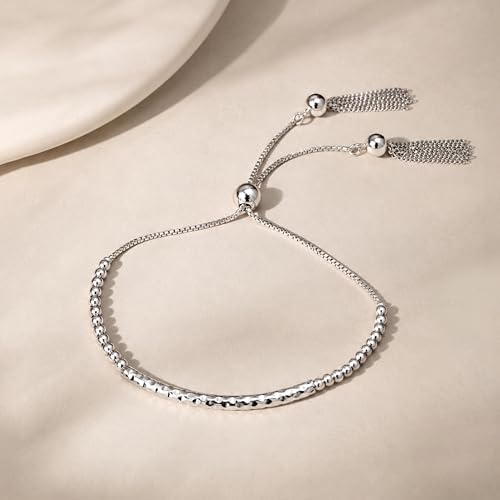 LeCalla 925 Sterling Silver Bracelets for Women | Italian Handmade Adjustable Sliding Bolo Bracelet Jewelry | Lightweight Adjustable Silver Chain Bracelet for Women | Hypoallergenic Jewelry Gifts - style: Diamond-Cut Beaded