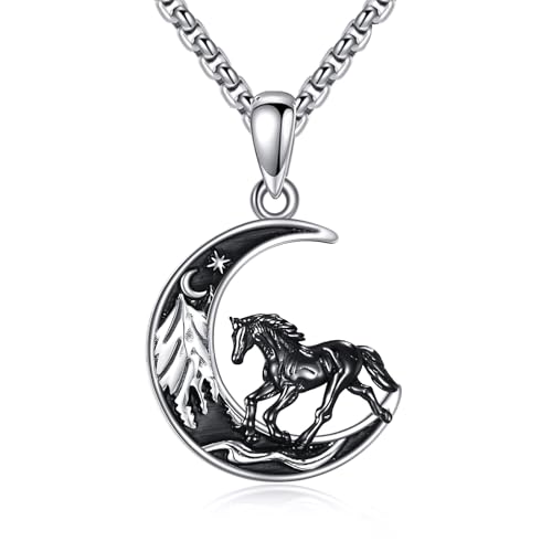 Sterling Silver Cute Animal Pendant Necklace Fox/Snake/Unicorn/Owl on Moon/Rabbit/Horse Necklace Jewelry for Women Mom Sister - style: Horse Moon