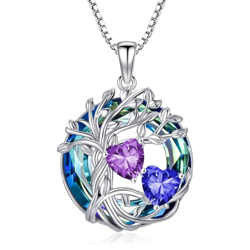 TOUPOP s925 Sterling Silver Family Celtic Tree of Life Pendant Necklaces with 2 Heart Birthstone with Blue Austrian Crystal Jewelry Birthday Valentines Day Gifts for Her, Anniversary Christmas Gifts for Wife Girlfriend Mom (18K Real White Gold Filled) - c