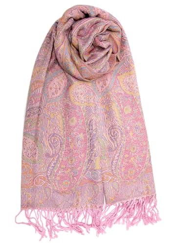Achillea Reversible Paisley Pashmina Rave Scarf – Exotic Indian Shawls and Wraps for Evening Dresses, Festivals, All Seasons - color: Tapestry Pink