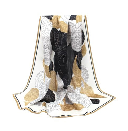 ANDANTINO 100% Pure Mulberry Silk Scarf 35" Large Square Lightweight Headscarf –Women’s Hair Wraps-With Gift Packed - color: Black&gold
