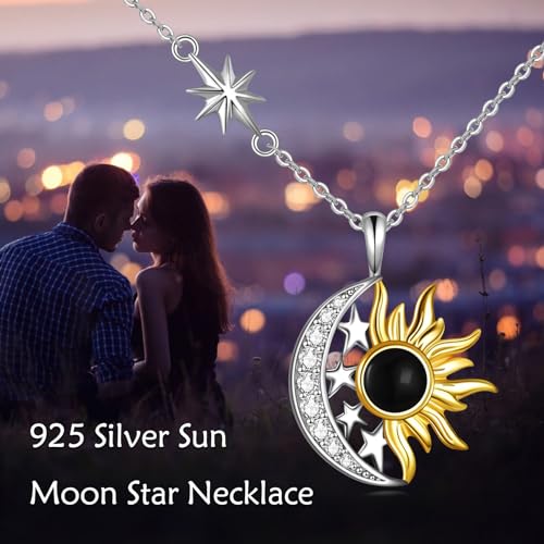 Sun and Moon Necklace for Women 925 Sterling Silver Celtic Crescent Moon Pendant Blue Opal/White Opal/Abelone Shell/Labradorite/Moonstone Jewelry Gift for Teen Girls - color: black agate