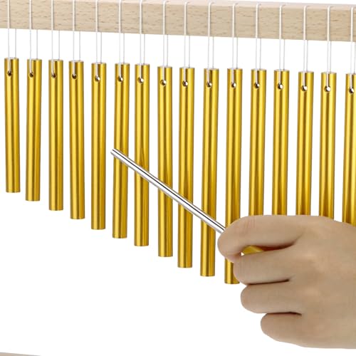 QWORK 20 Note Bar Chimes with Solid Wood Stand – Tabletop Percussion Instrument for Meditation Classroom & Yoga – Gold Tone Hand Chime with Mallet 15 Inch Single Row