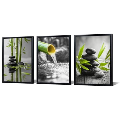 Muzenso Bamboo Zen Wall Art Set of 3 12x16 Inch Canvas Prints with Black Frame Calming Spa Nature Stones Waterfall Botanical Artwork for Bathroom Bedroom Ready to Hang