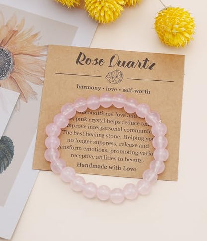 BOMAIL Natural Stone Bracelet for Women Men - 8MM Semi-Precious Gemstone Beaded Bracelet Healing Crystal Stretch Bracelet Yoga Bracelets Jewelry - color: Rose Quartz