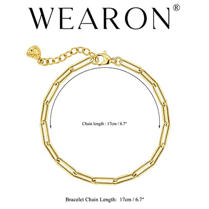 WEARON Gold Bracelet for Women 14K Gold Plated Snake Herringbone Figaro Cuban Bead Paperclip Cable Box Chain Simple Jewelry - style: Paperclip Chain 3.7mm