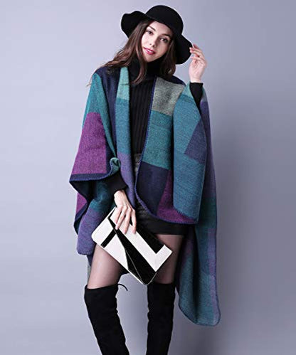 Women's Shawls and Wraps Open Front Poncho Cape Winter Sweater - color: A3-purple