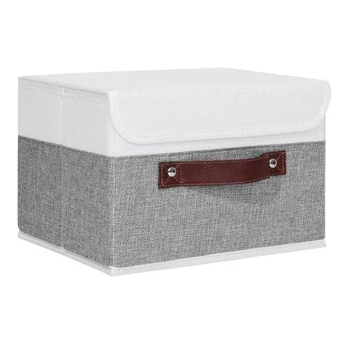 ANMINY Storage Boxes with Lids Washable Decorative Storage Bins Basket with PU Leather Handle Foldable Linen Fabric Storage Cubes Containers for Home Closet Organizer - Gray White, Small Size - color: Gray White, size: Small (Pack of 1)