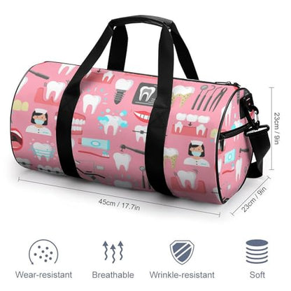 Teeth Dental Seamless Pattern Pink Cylindrical Portable Fitness Bag, Large Capacity Handbag - color: Teeth Dental Seamless Pattern Pink