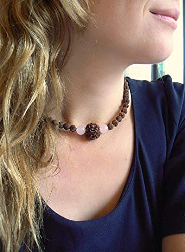 Rudraksha Necklace for Women, Shakti Healing Mala HANDMADE, Real 5 Mukhi Rudraksh Mala Beads, Rose Quartz Crystals, Heart Chakra Jewelry, Hindu Spiritual Gift for Her, Kundalini Yoga