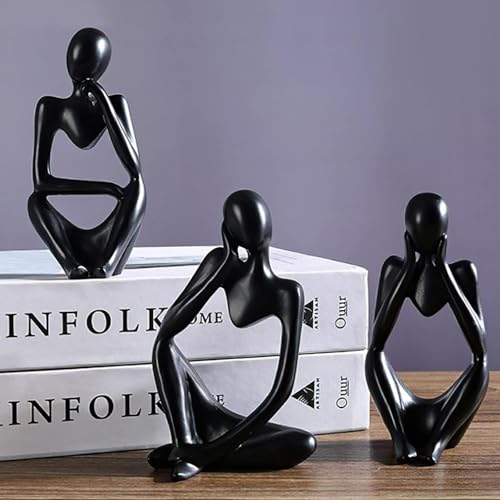 Set of 3 Minimalist Statues, Black Sandstone Figurines, Sitting Zen Pose, Lightweight & Durable Acrylic Gypsum Cement. Suitable for Office, Living Room, and Desk Decoration.