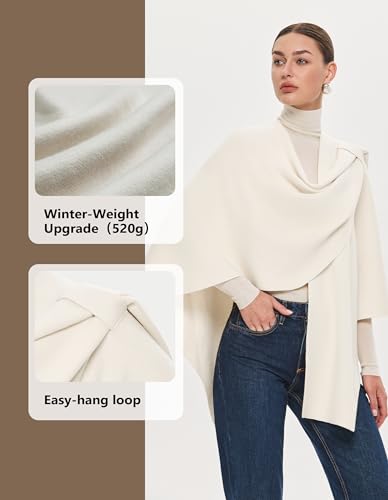 PULI Womens Large Cross Front Poncho Sweater Wrap Topper Knitted Elegant Shawls Cape for Fall Winter - color: Extra Warm Ivory White