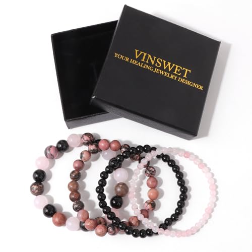 4pcs Beaded Bracelets for Women,Natural Healing Crystal Gemstones Bracelet,Anxiety Stress Relief Bracelet Handmade purple Jewelry Gifts for Women - color: Rose Quartz&Obsidian&Rhodonite