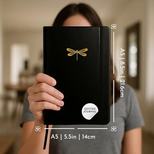 Dotted Journal, Ideal for Bullet Journaling - A5 Vegan Leather Notebook, 192 Archival-Quality Pages, QuillEase Bleed-Free Paper, Inner Pocket & Bookmark - Dragonfly Gifts for Women, Black Dragonfly - color: Black Dragonfly