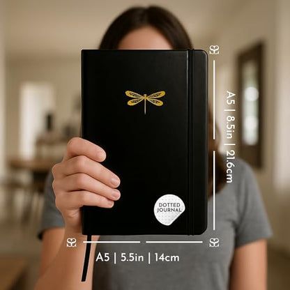 Dotted Journal, Ideal for Bullet Journaling - A5 Vegan Leather Notebook, 192 Archival-Quality Pages, QuillEase Bleed-Free Paper, Inner Pocket & Bookmark - Dragonfly Gifts for Women, Black Dragonfly - color: Black Dragonfly