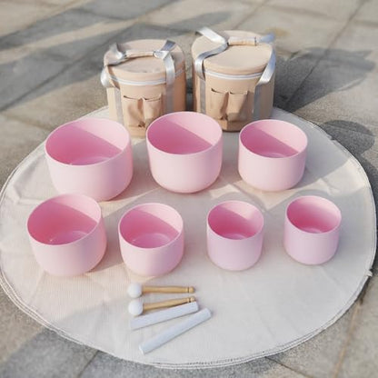 Hye-eun Pink Crystal Singing Bowls Set, 432hz Quartz Frosted Sound Bowl set of 7pcs with Carrying Case for Yoga Sound Healing Instruments - color: 432hz 7-12inch CDEFGAB Pink 7pcs