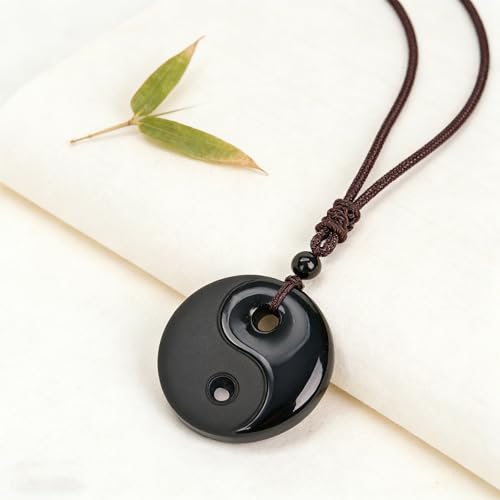 Black Obsidian Yin Yang Necklace for Men Women, Tai Chi Pendant Obsidian Balance Necklace for Releasing Negativity, Talisman Spiritual Healing Jewelry for Protection Amulet - color: Black-2