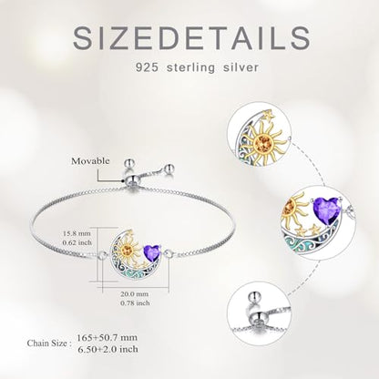 925 Sterling Silver Moon and Sun Star Adjustable Link Bracelet for Women with 12 Month Birthstone Birthday Jewelry - style: 02 - Feb.
