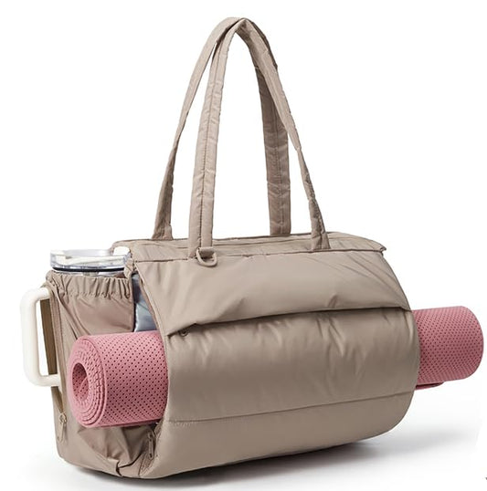 BAGSMART Yoga Tote Bag for Women with Knotted Handle, Lightweight Pilates Bag with Yoga Mat Holder, Gym Bag for Work Travel - color: Camel