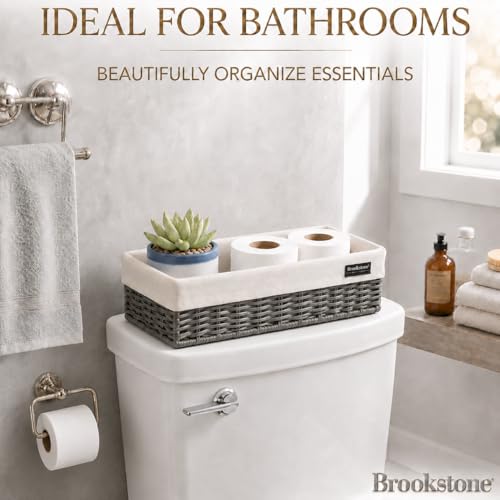 Brookstone Over the Toilet Tank Wicker Storage Basket, Bathroom and Closet Organizers and Storage Bins with Fabric Liner, Grey, 2 Pack Set - color: Grey w/ Liner (2 Pack)