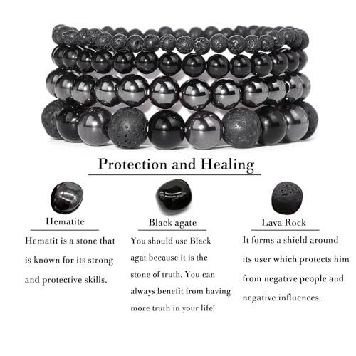 4pcs Beaded Bracelets for Women,Natural Healing Crystal Gemstones Bracelet,Anxiety Stress Relief Bracelet Handmade purple Jewelry Gifts for Women - color: Hematite&Black agate&Lava Rock