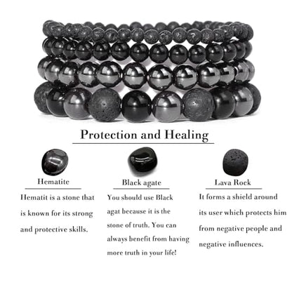 4pcs Beaded Bracelets for Women,Natural Healing Crystal Gemstones Bracelet,Anxiety Stress Relief Bracelet Handmade purple Jewelry Gifts for Women - color: Hematite&Black agate&Lava Rock