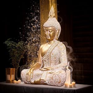 Golden Resin Buddha Statue7.87 Inch Serene Spiritual Art Piece, for Office Altar Collection to Enhance Focus & Mindfulness