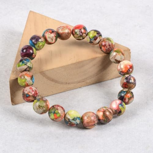 Justinstones Gem Semi Precious Gemstone 10mm Round Beads Stretch Bracelet 7 Inch Unisex - color: Dyed Multicolor Sea Sediment Jasper