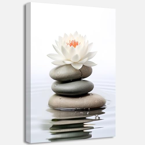 QIXIANG White Lotus Flower Canvas Wall Art Zen Stone Lotus Reflected on the Water Picture Prints for Serene Home Zen Enthusiasts Home Framed(Lotus-A,12.00" x 18.00") - color: Lotus-A, size: 12"L x 18"W