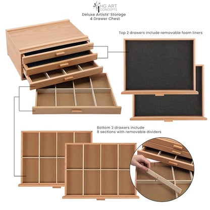 HG Art Concepts 4-Drawer Artist's Chest Craft Storage Box, Natural Birch Finish, Foam-Lined Drawers for Brushes, Removable Dividers, Sturdy Wood Construction, Stackable Solution - size: 4 Drawer