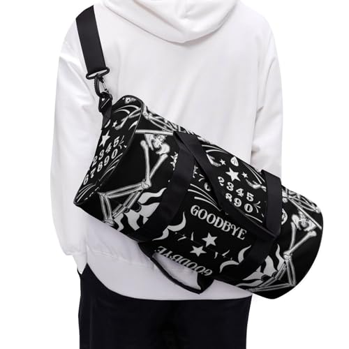Skull Skeleton Witch Board Tarot Black Art Cylindrical Portable Fitness Bag, Large Capacity Handbag - color: skull Skeleton witch Board Tarot black art