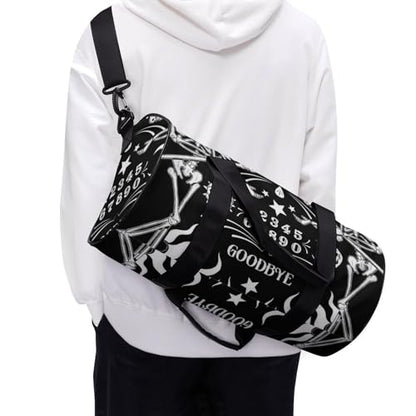 Skull Skeleton Witch Board Tarot Black Art Cylindrical Portable Fitness Bag, Large Capacity Handbag - color: skull Skeleton witch Board Tarot black art