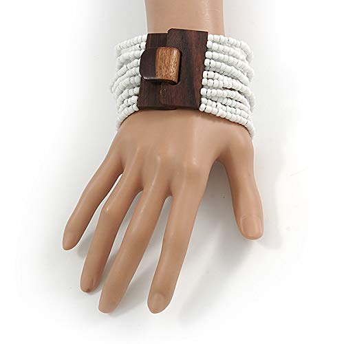 Avalaya White Glass Bead Multistrand Flex Bracelet With Wooden Closure - 19cm L