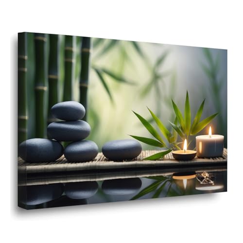 Zen Stone Candle Canvas Wall Painting Black Stone Burning White Candle Green Bamboo Picture Poster Zen Meditation Artwork for Serene Home Kitchen Meditation Room Yoga Spa Center Decor - color: Zen-8, size: 8x12in Framed
