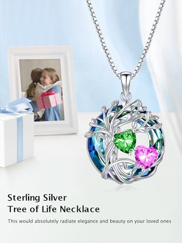 TOUPOP s925 Sterling Silver Family Celtic Tree of Life Pendant Necklaces with 2 Heart Birthstone with Blue Austrian Crystal Jewelry Birthday Valentines Day Gifts for Her, Anniversary Christmas Gifts for Wife Girlfriend Mom (18K Real White Gold Filled) - c
