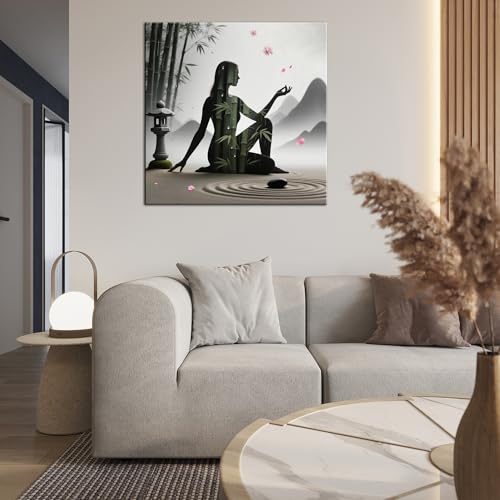TLZKHTS Zen Bamboo and Stone Canvas Wall Deocr Framed Zen Stone Painting Picture Poster Canvas Painting Gifts for Office Living Room Becroom Bar Deocr (T-24,18.00L X 18.00W,Framed) - color: T-24, size: 18.00L" X 18.00W''
